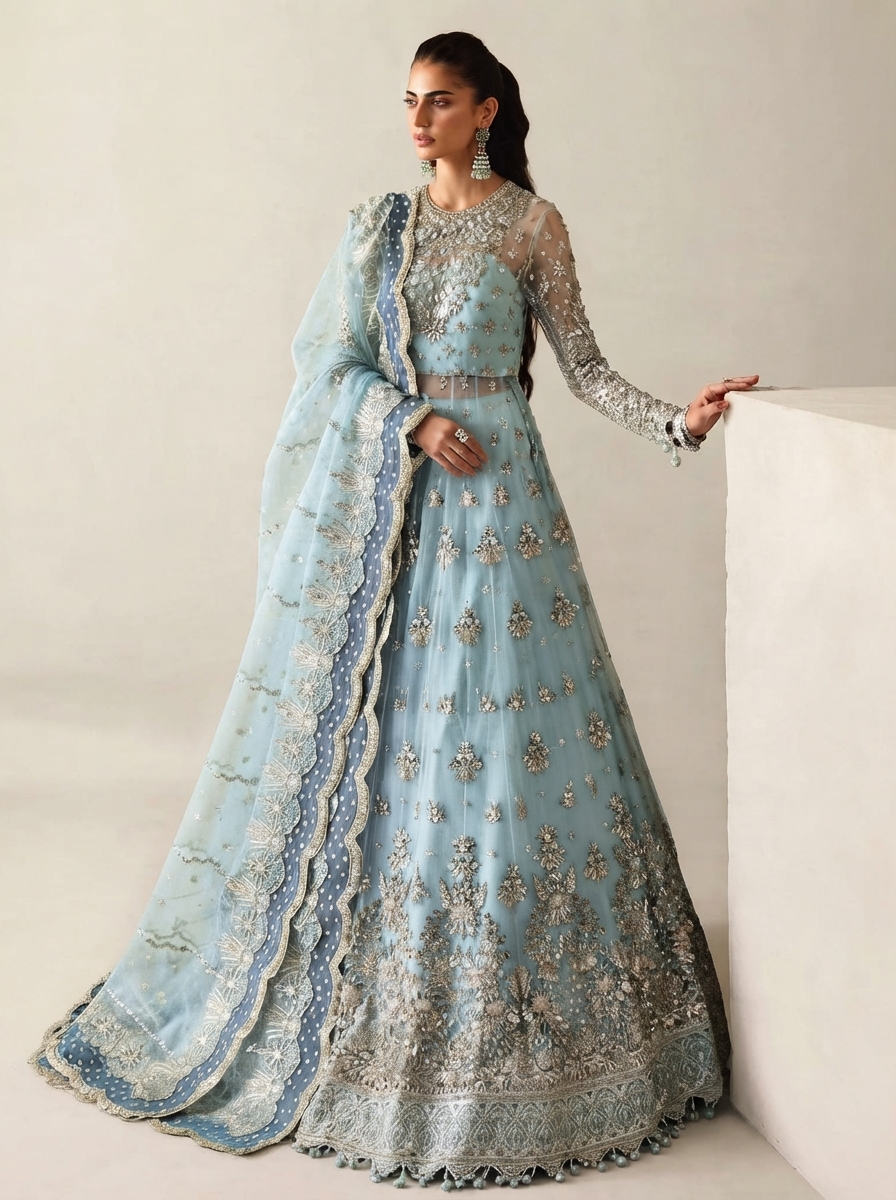 Ice blue bridal lehenga with silver embroidery and scalloped dupatta