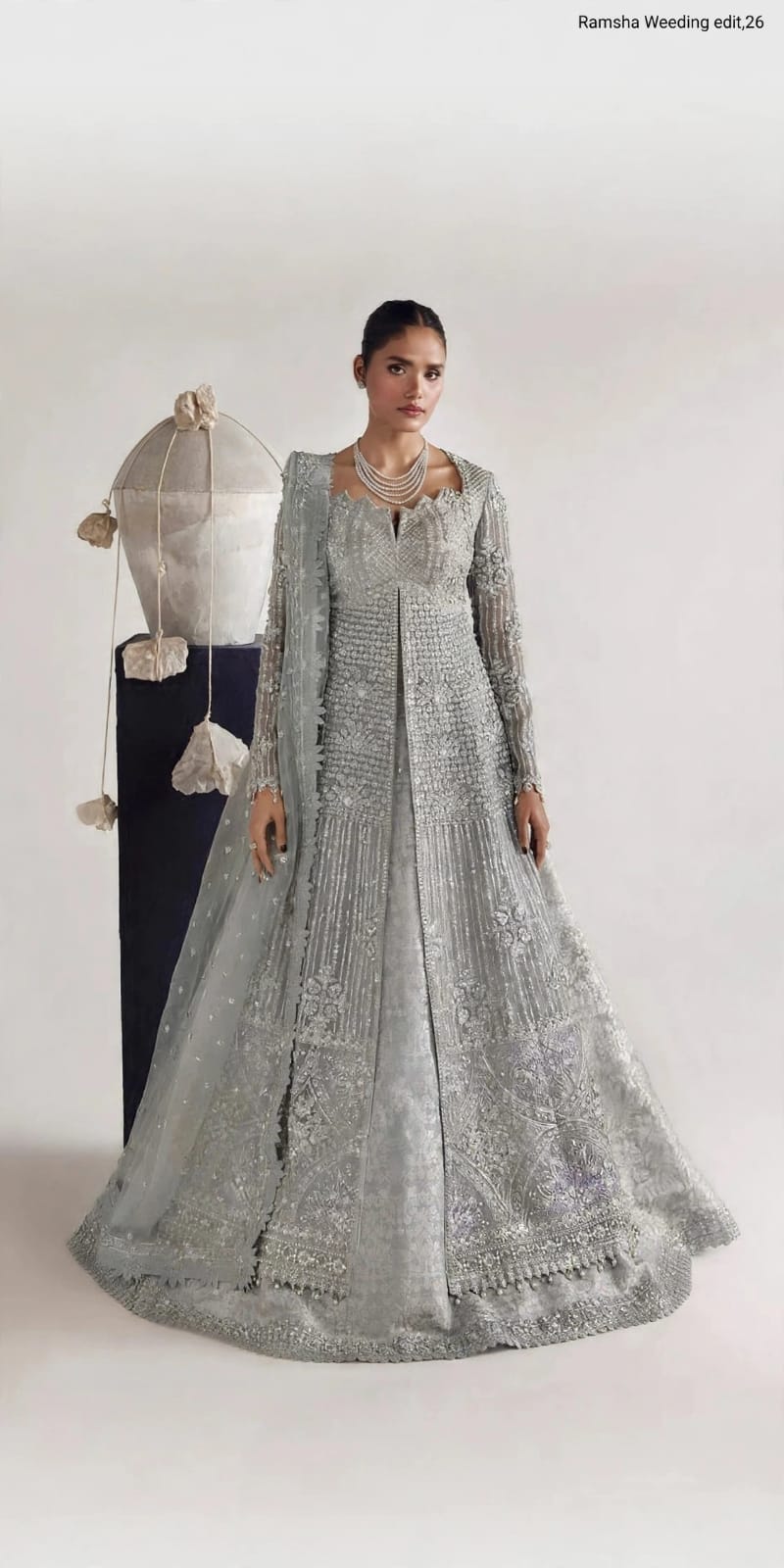Silver grey bridal gown with heavy embellishment and front-open long shirt