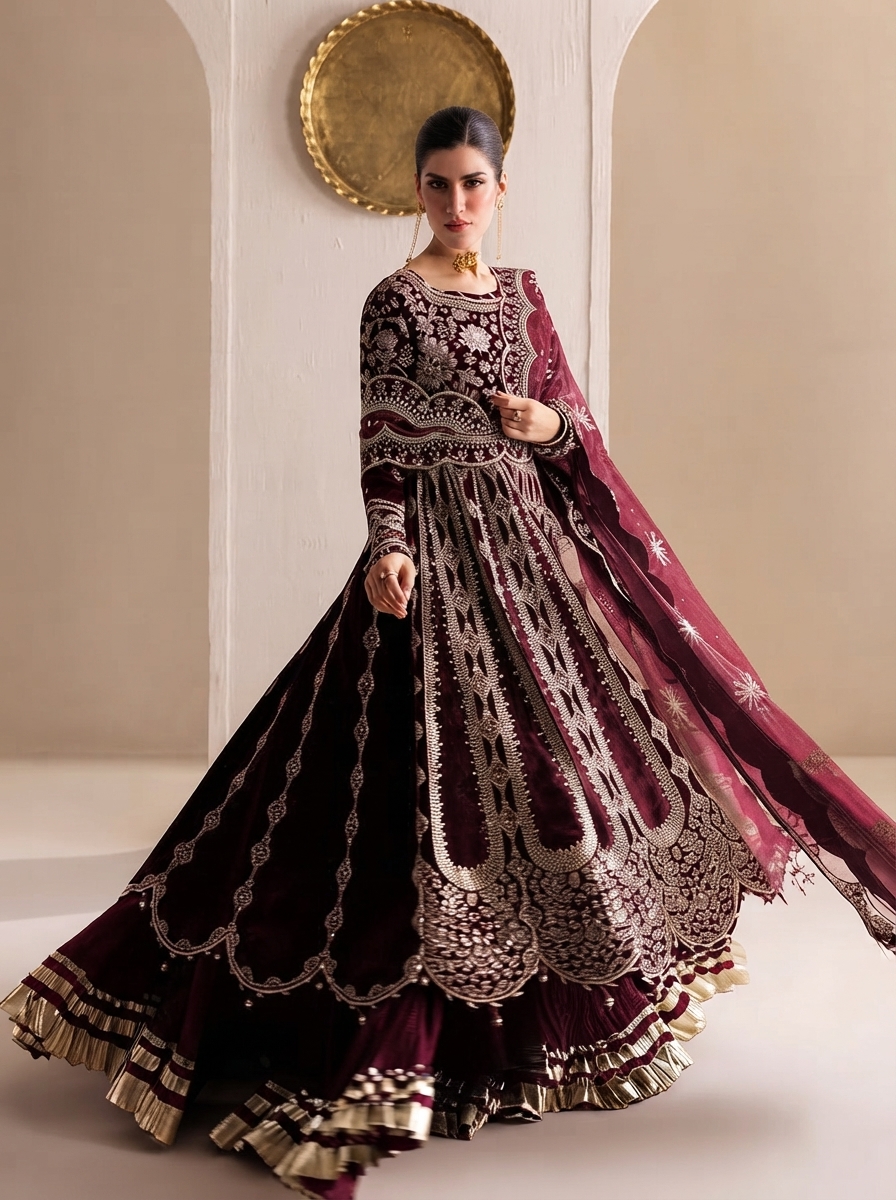 Maroon velvet bridal dress with gold embroidery and ruffled hem