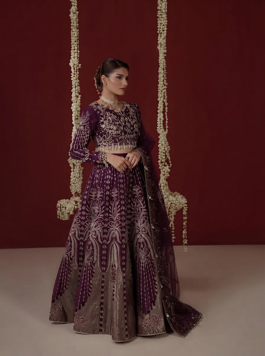 Plum purple bridal lehenga with gold embroidery