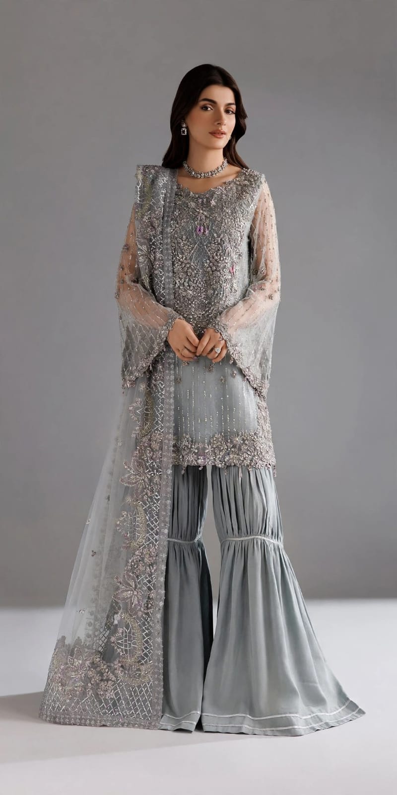 Grey-blue embroidered short shirt with gharara and net dupatta